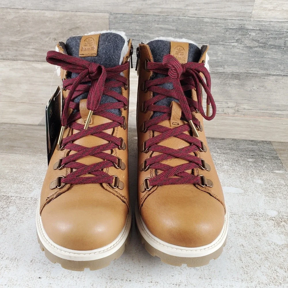Kamik Rogue Hike 3 Womens Winter Boots Sz 8 Cognac Leather Side Zipper Lace Up